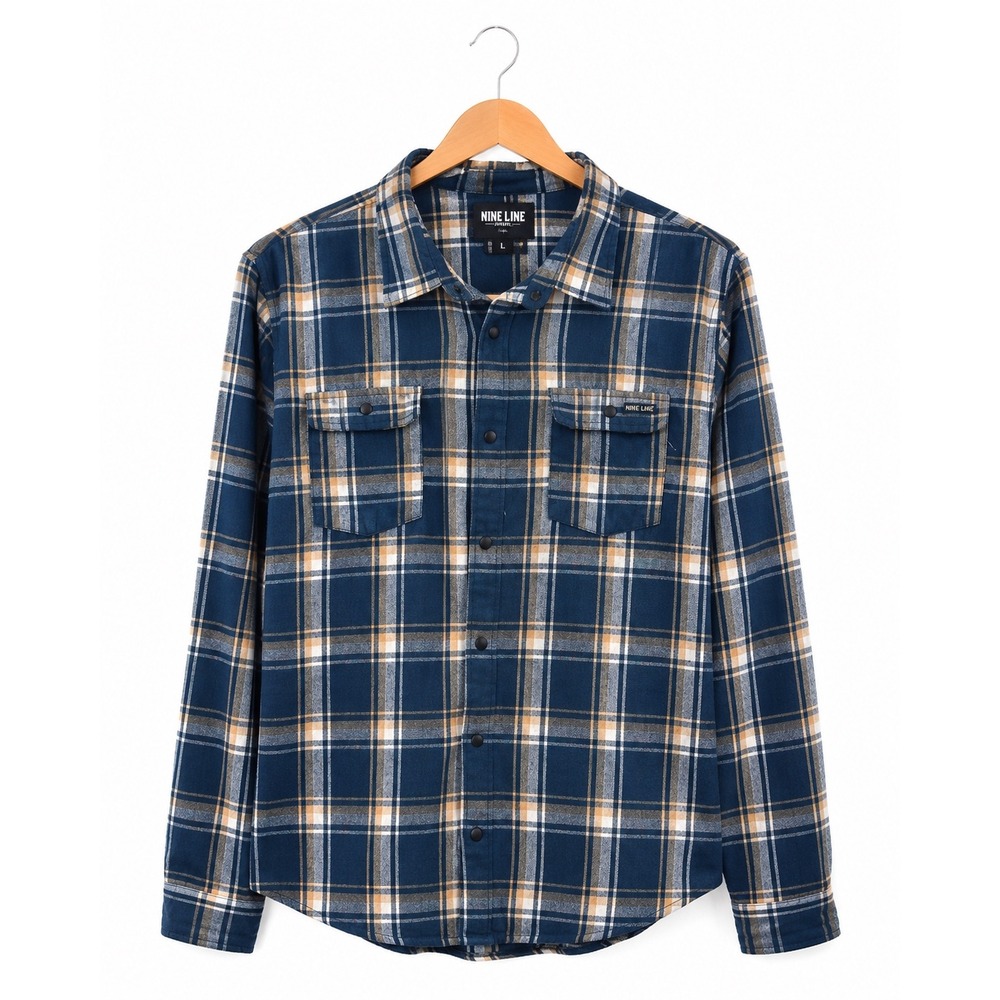 Nine Line Apparel Mens 2XL Blue Tan Plaid Snap Front Flannel Shirt Long Sleeve
